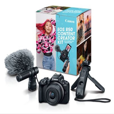 Canon EOS R50 Content Creator Kit, Hybrid Mirrorless Camera with RF-S18-45mm F4.5-6.3 IS STM Lens, Tripod Grip, Microphone, Wireless Remote Control, Vlogging Camera, Black (Renewed)
