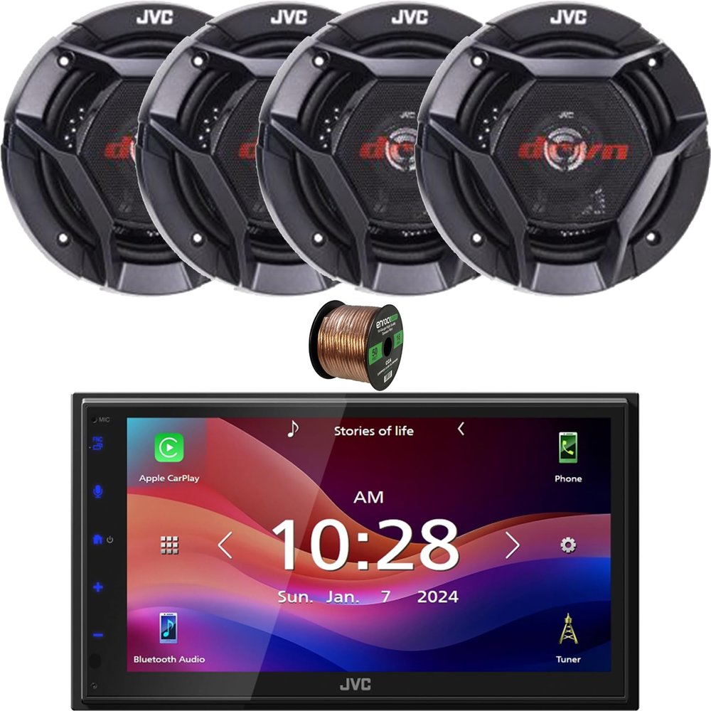 JVC KW-M590BT Double DIN 6.8" Capacitive Touchscreen Digital Media Bluetooth USB/AM/FM Radio Receiver Bundle Combo With Two Pairs (QTY 4) Of 6.5" 300W Max Power 2-Way Coaxial Car Audio Speakers W/Wire