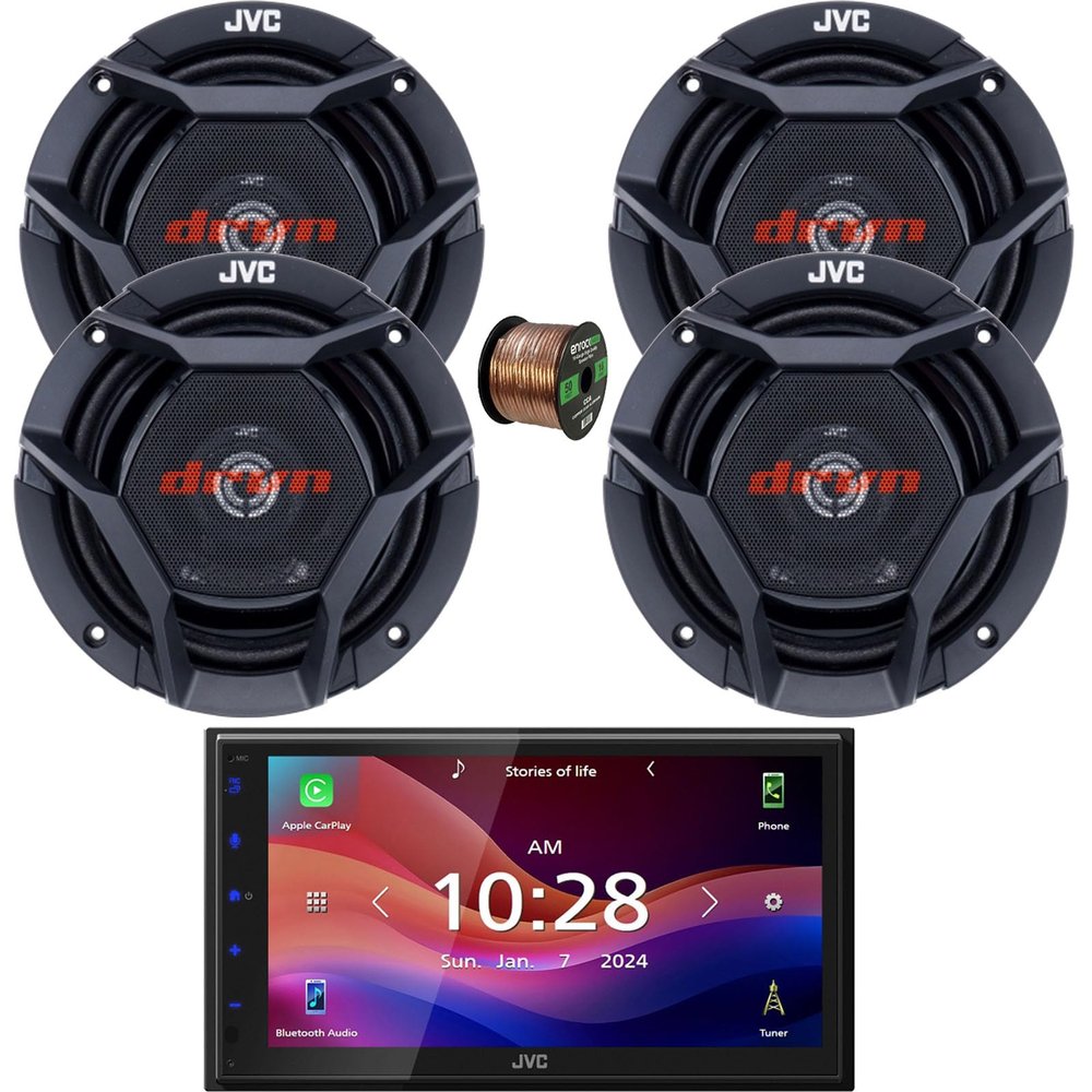 JVC KW-M590BT Double DIN 6.8" Capacitive Touchscreen Digital Media Bluetooth USB/AM/FM Radio Receiver Bundle Combo with Two Pairs (Qty 4) of 6.75" 300W Max 2-Way Shallow-Mount Coaxial Speakers W/Wire