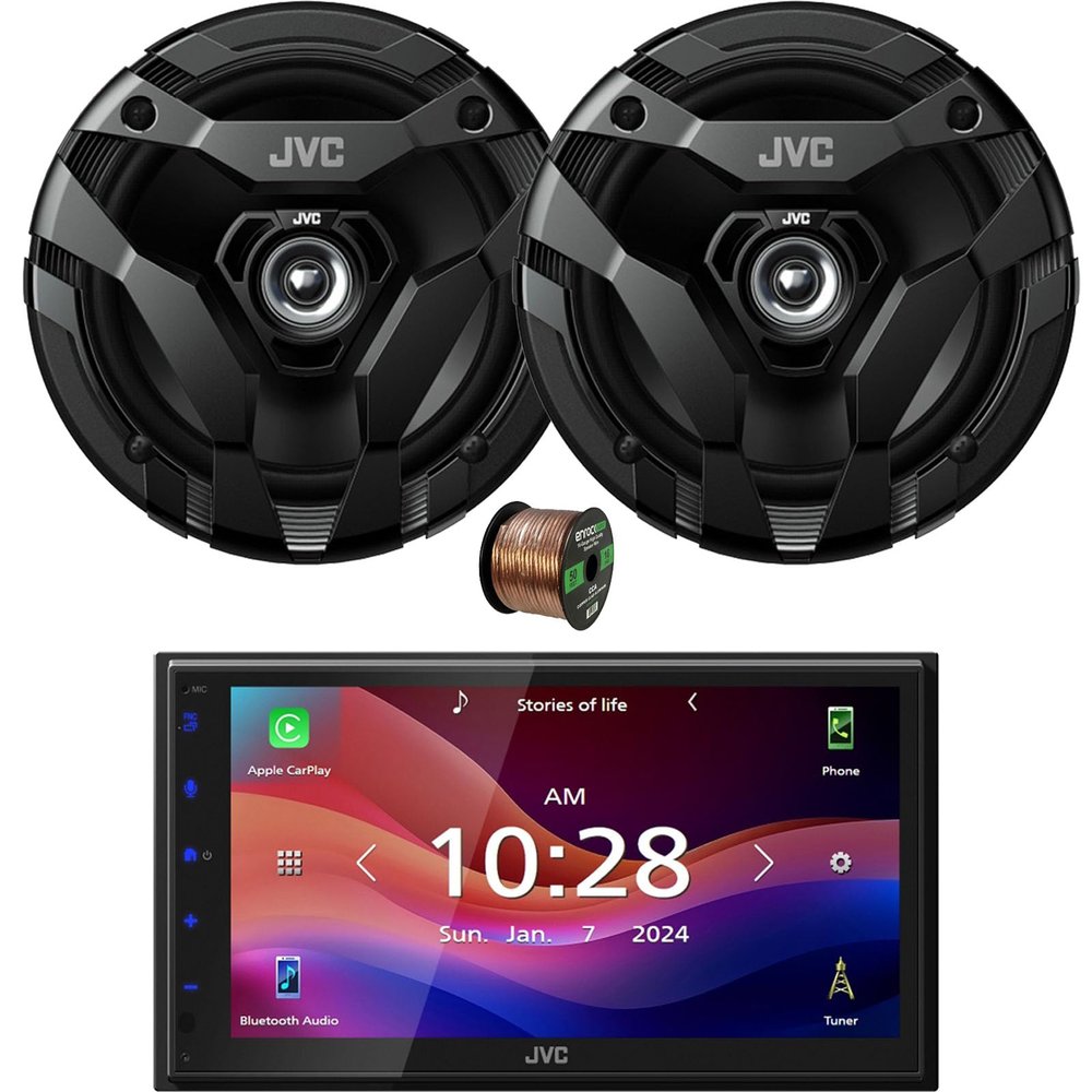 JVC KW-M590BT Double DIN 6.8" Capacitive Touchscreen Digital Media Bluetooth USB/AM/FM Radio Receiver Bundle Combo With One Pair (QTY 2) Of 6.5" 300W Peak Power 2-Way Coaxial Car Audio Speakers W/Wire