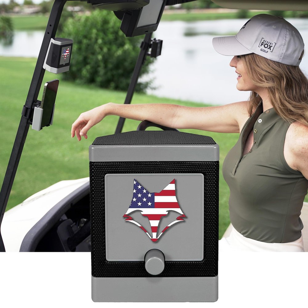 DESERT FOX GOLF DJ-10 Golf Cart Bluetooth Speaker  Wireless Magnetic Golf Speaker with Secure Mount  Loud, Weatherproof Sound with Retro Volume Knob & Built-in Charging (Gray w/US Flag)