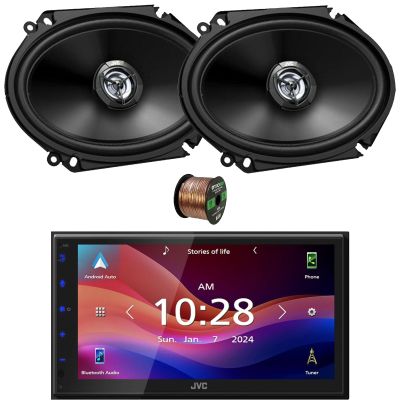 JVC KW-M595BT Double DIN 6.8" WSVGA LCD Touchscreen Bluetooth USB/AM/FM Stereo Digital Media Receiver Bundle Combo with One Pair (Qty 2) of 6x8 300W 2-Way Coaxial Car Audio Speakers W/Wire