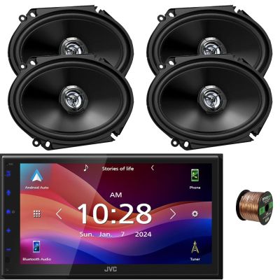 JVC KW-M595BT Double DIN 6.8" WSVGA LCD Touchscreen Bluetooth USB/AM/FM Stereo Digital Media Receiver Bundle Combo with Two Pairs (Qty 4) 6x8 300W 2-Way Coaxial Car Audio Speakers, Speaker Wire