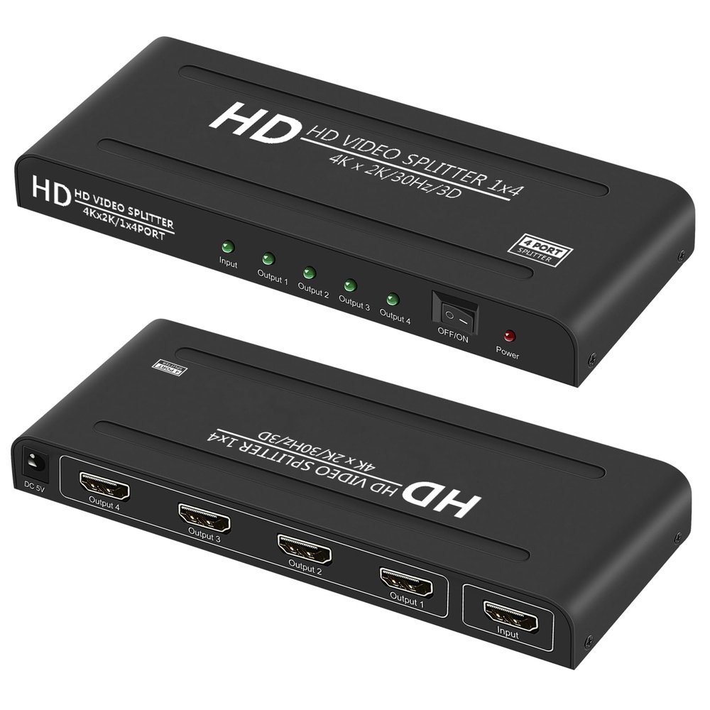 4K HDMI Splitter 1 in 4 Out - 1x4 Powered HDMI Splitter 4 Port Multi Monitor Outputs,Mirror/Copy Screen Only (Not Extend) Support 4Kx2K@30Hz 3D for PS4/Projector/HDTV