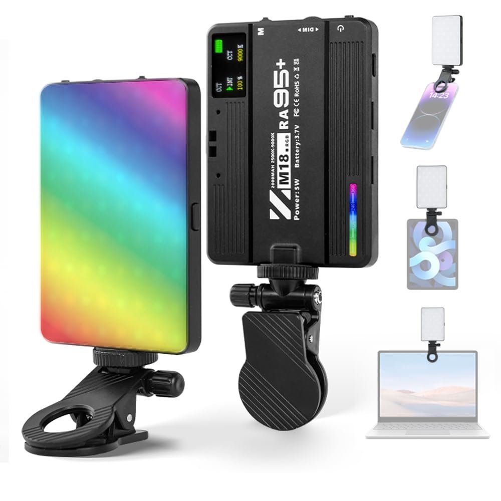 Andoer Pocket RGB Video Light Photography LED Fill Light 2500K-9000K Dimmable 22 Scene Effects Video Conference Light for Computer Tablet Phone DSLR Camera Built-in Battery with Phone Holder