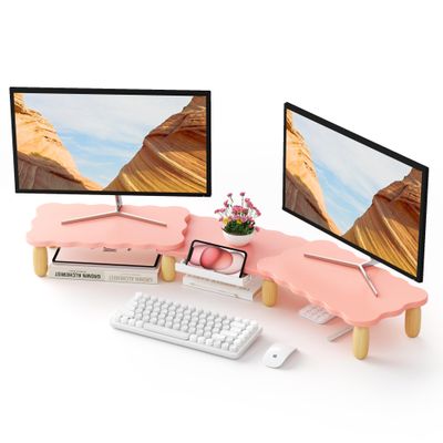 AFOOYO Dual Monitor Riser, Cookie-Shaped Adjustable Length & Swivel Angle, Wooden Desktop Organizer for 2 Monitors,Monitor Stand with Drawer for Laptop, PC, Computer, Printer,Pink