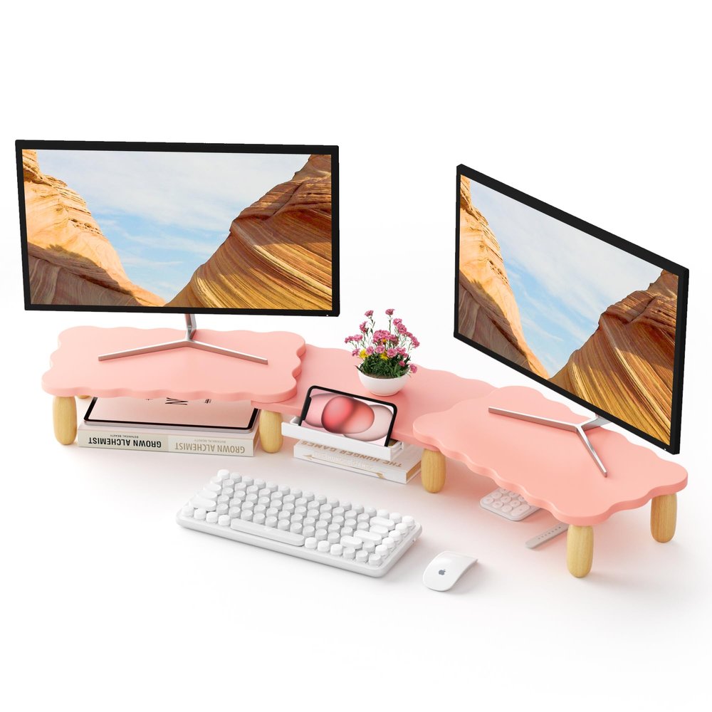 AFOOYO Dual Monitor Riser, Cookie-Shaped Adjustable Length & Swivel Angle, Wooden Desktop Organizer for 2 Monitors,Monitor Stand with Drawer for Laptop, PC, Computer, Printer,Pink