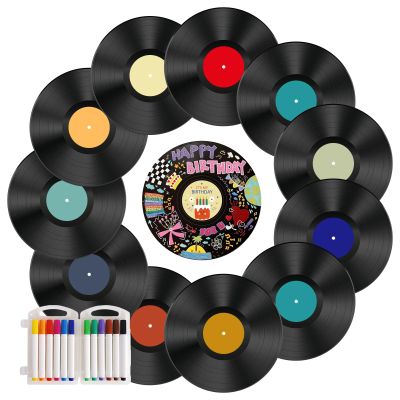 Leptetek 12 PCS Vinyl Record Wall Decor Set, 12 Inch Vintage Record Decorations with Adhesive Tape and Center Labels, Retro Music Party Room Decor