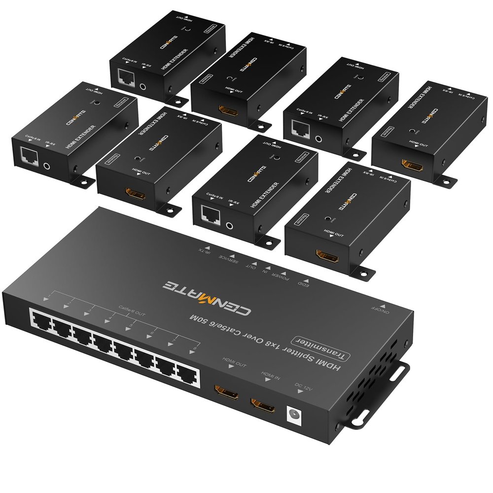CENMATE 1x8 HDMI Extender Splitter, Up to 165FT Over CAT5e/6/7, 8 Channel Transmission with 1 HDMI Loop Out, Supports IR, 3D, HDCP, EDID, POC