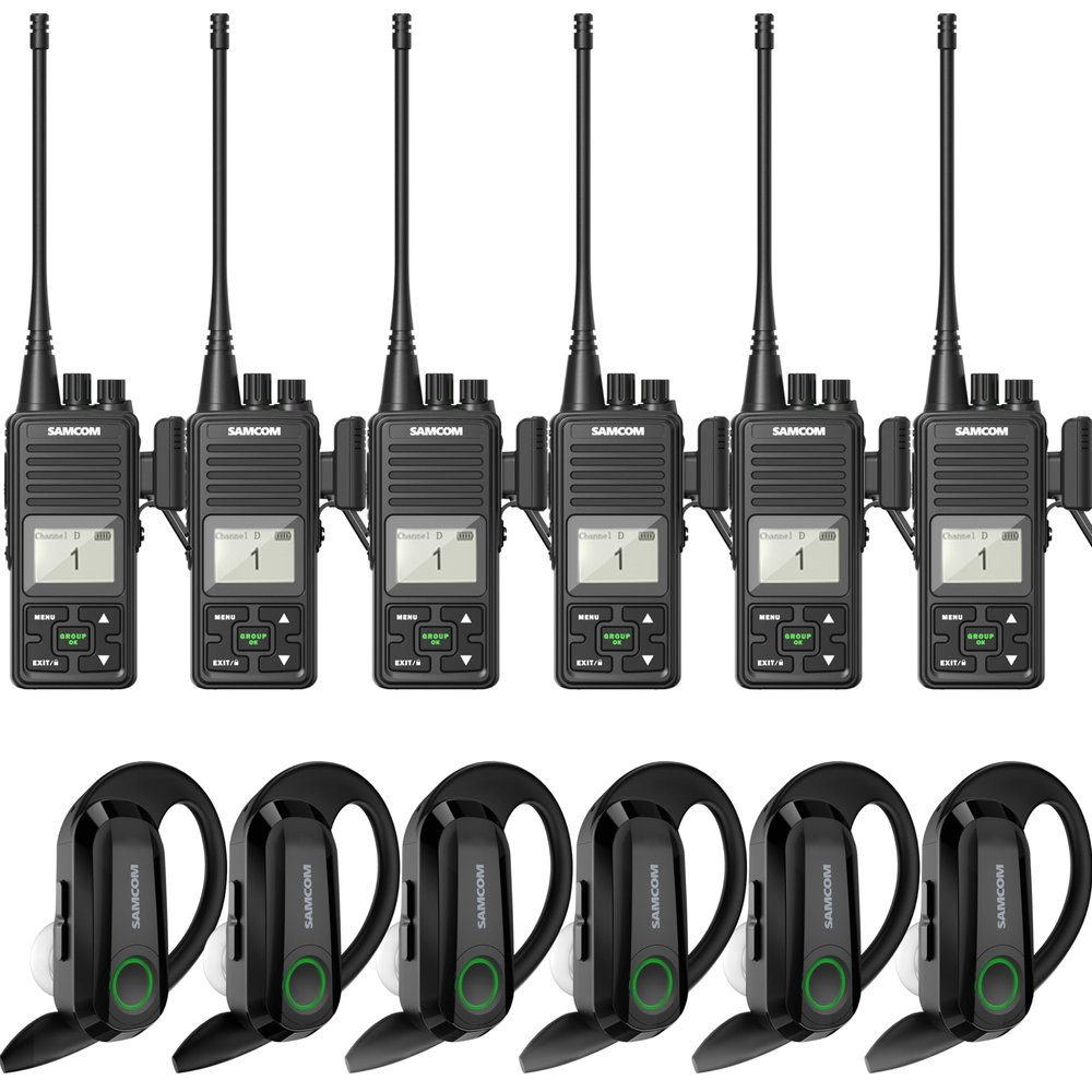 SAMCOM 6 Pack FPCN10A Two-Way Radios with 6 Pcs Wireless Earpiece with Mic for Walkie Talkies Long Range
