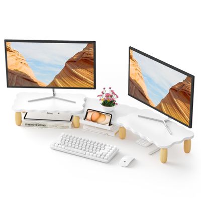 AFOOYO Dual Monitor Riser, Cookie-Shaped Adjustable Length & Swivel Angle, Wooden Desktop Organizer for 2 Monitors,Monitor Stand with Drawer for Laptop, PC, Computer, Printer,White