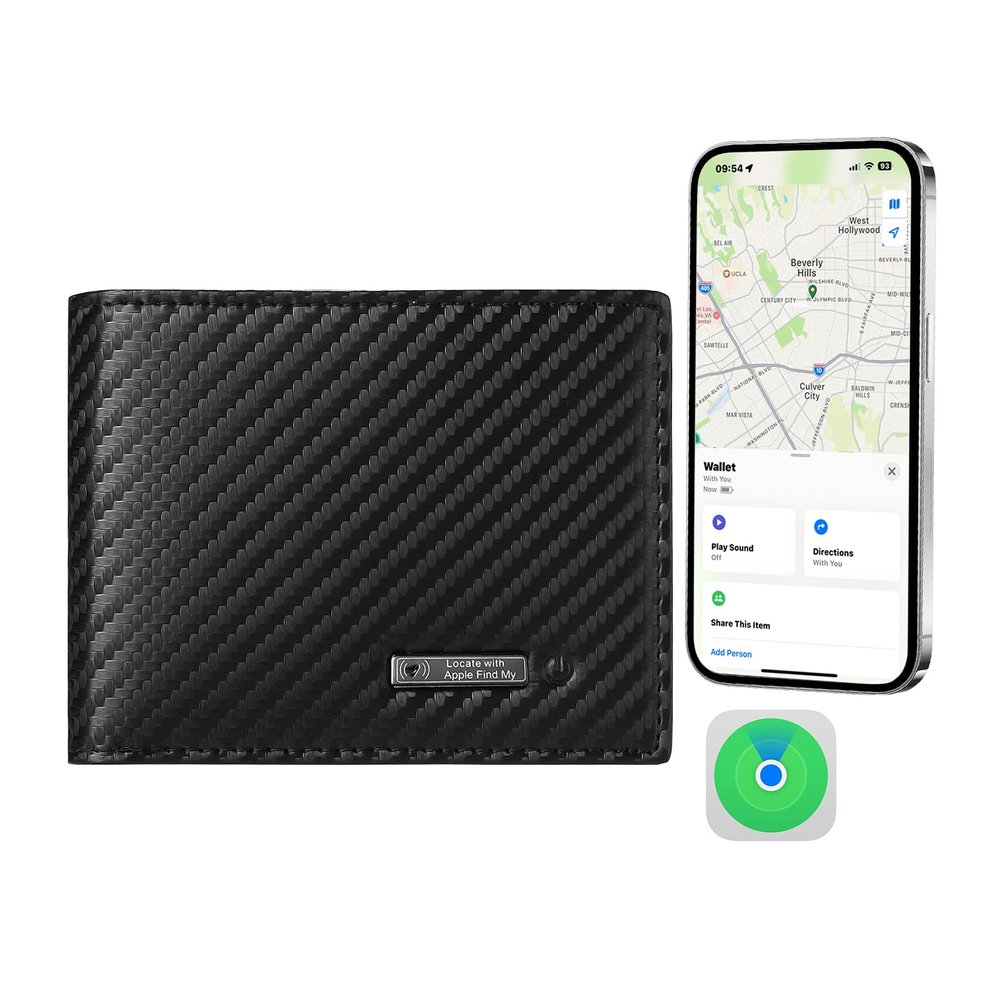 SMART CC Men Wallet with Tracker Work with Apple Findy(iOS only), Wallet Tracker with Bifold Minimalist Thin Wallet 6 Card &1 ID Windows & Cash Slot (Wallet Carbon Black)