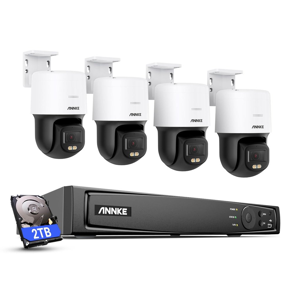 ANNKE 3K PoE Security Camera System, 5-in-1 16CH 12MP NVR, 4X 3K 340Pan 110Tilt PoE Cams with PT Auto-Tracking, 2-Way Audio, Color Night Vision, 2.8mm Lens for Home Surveillance (2TB HDD Included)
