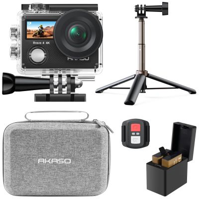 AKASO Brave 4 4K30 Action Camera with Selfie Stick Tripod 20MP Ultra Hd EIS 131ft Waterproof Underwater Camera 5xZoom Dual Screen for vlogging Video with Carrying Case Accessories Kit Bundle