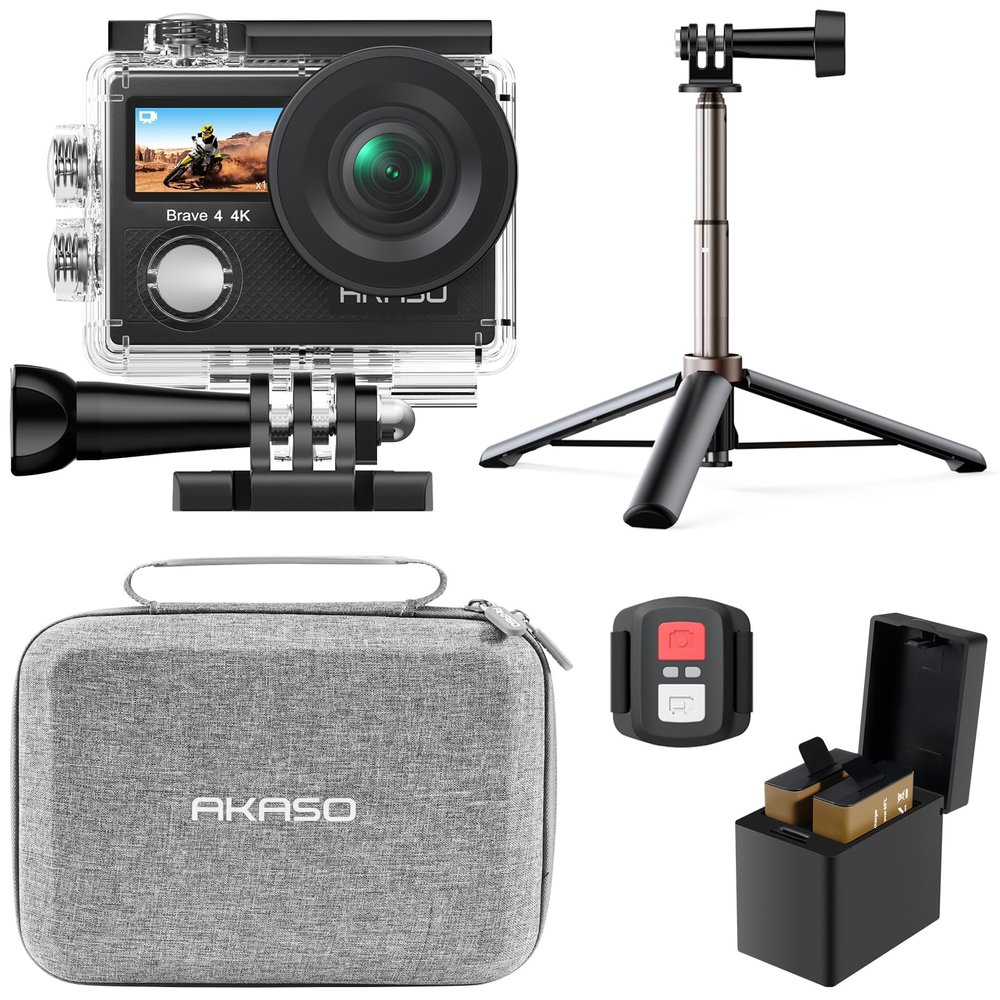 AKASO Brave 4 4K30 Action Camera with Selfie Stick Tripod 20MP Ultra Hd EIS 131ft Waterproof Underwater Camera 5xZoom Dual Screen for vlogging Video with Carrying Case Accessories Kit Bundle