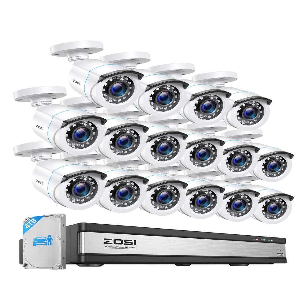 ZOSI H.265+ 16CH Security Camera System with AI Human Vehicle Detection, 16CH DVR with 4TB HDD for 7/24 Record, 16 x 1080p CCTV Camera Outdoor Indoor with 80ft Night Vision, 90Wide Angle