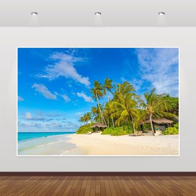 10x7ft Vinyl Summer Beach Backdrops for Photoshoot Tropical Beach Photography Backdrop Palm Trees Pavilion Blue Sky Photo Backdrop Birthday Party Wedding Baby Shower Background Decor Booth Props