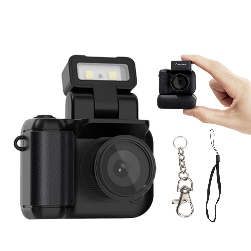 Mini Keychain Camera, 1080P 2MP Small Thumb Sized Mini Retro Nostalgic Camera Video Camcorder, with Charger Base and LED Flash Light
