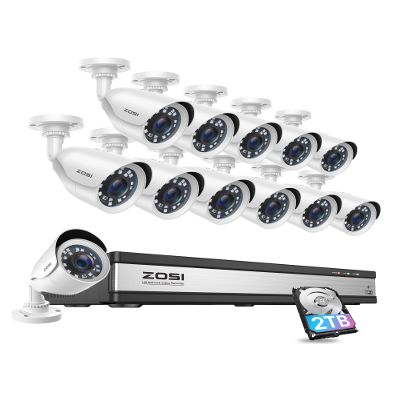 ZOSI H.265+ 1080p 16 Channel Security Camera System, 16CH DVR Recorder with AI Human Vehicle Detect, 12 x 1080p Weatherproof CCTV Bullet Camera Outdoor Indoor 80ft Night Vision, Motion Alerts, 2TB HDD
