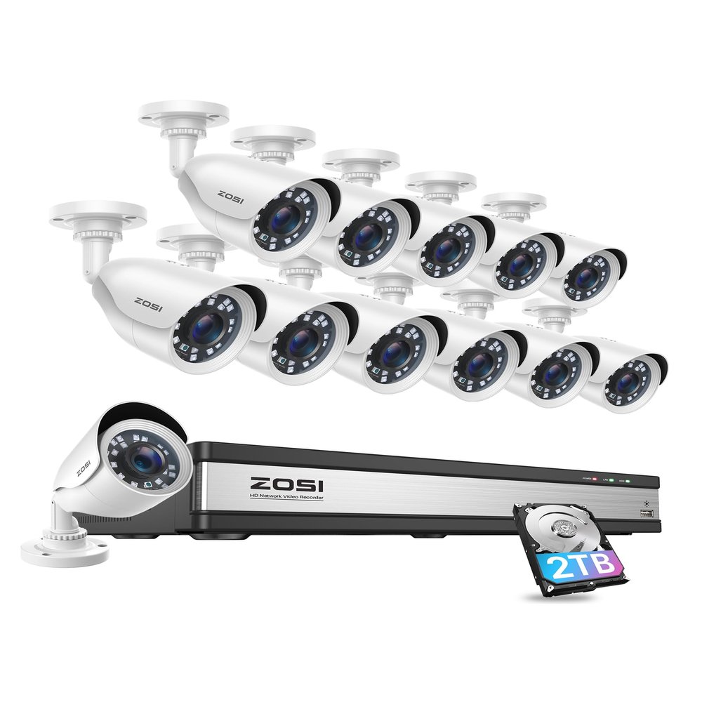ZOSI H.265+ 1080p 16 Channel Security Camera System, 16CH DVR Recorder with AI Human Vehicle Detect, 12 x 1080p Weatherproof CCTV Bullet Camera Outdoor Indoor 80ft Night Vision, Motion Alerts, 2TB HDD