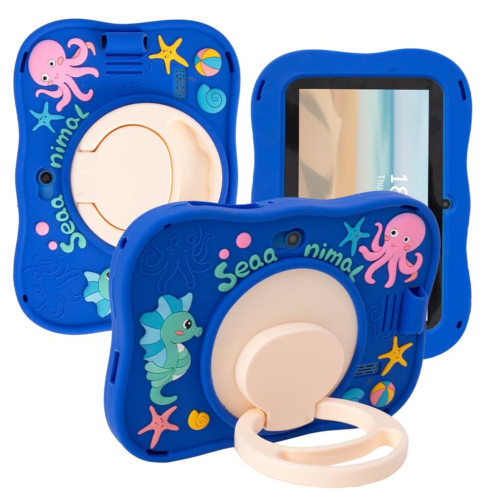 AKNICI Case for VOLENTEX K7Pro/WXUNJA K07W/TOPELOTEK kids707/PRITOM K7/Relndoo T88/ATMPC 7 Inch/Fivahiva 7 Inch/Semeakoko 7 Inch/TUOHAITIME 7 Inch, 360 Rotating Adjustable Kickstand/Handle, Dark Blue