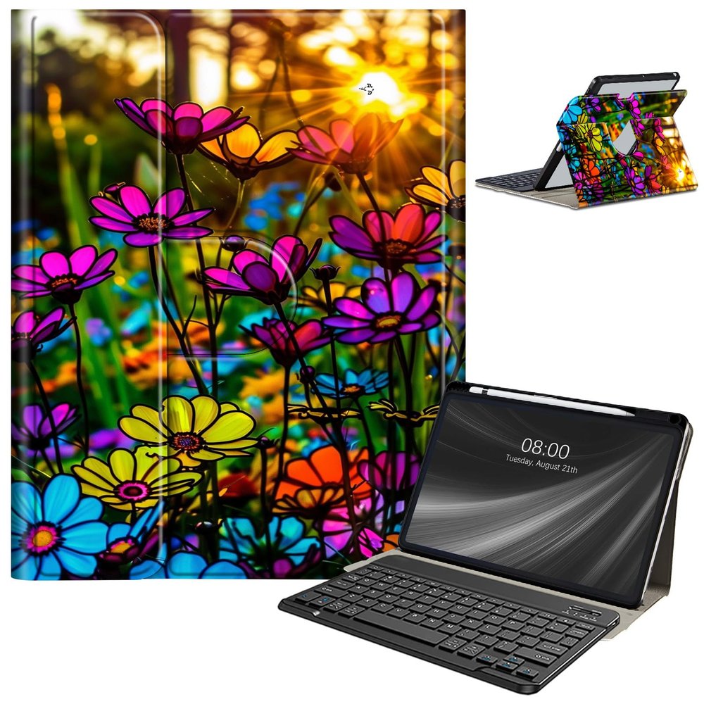Keyboard Case for Samsung Galaxy Tab A9 Plus/A9+ 5G 11 Inch 2023, Galaxy Tab A9 Plus Case with Keyboard, with S Pen Holder Galaxy Tab A9+ 11" (SM-X210/X216/X218) Keyboard Case, Glass Wildflower