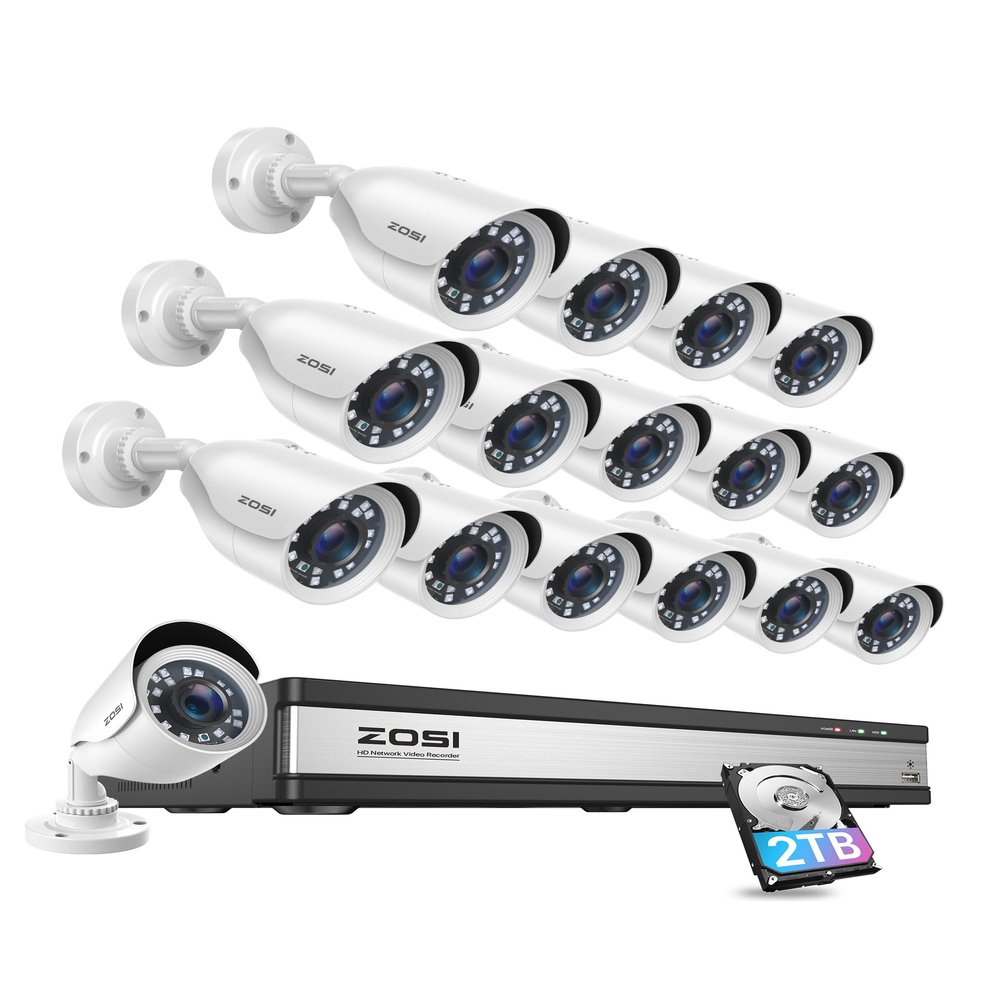 ZOSI H.265+ 1080p 16 Channel Security Camera System, 16CH DVR Recorder with AI Human Vehicle Detect, 16 x 1080p Weatherproof CCTV Bullet Camera Outdoor Indoor 80ft Night Vision, Motion Alerts, 2TB HDD
