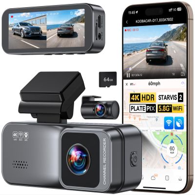 KooBaCar 4K/2.5K Dash Cam Front and Rear, Dual Dash Camera for Cars, Included 64GB Card, Built-in Wi-Fi GPS,Car Camera with 3.20" IPS Screen,UHD Night Vision, Loop Recording, WDR, 24H Parking Monitor
