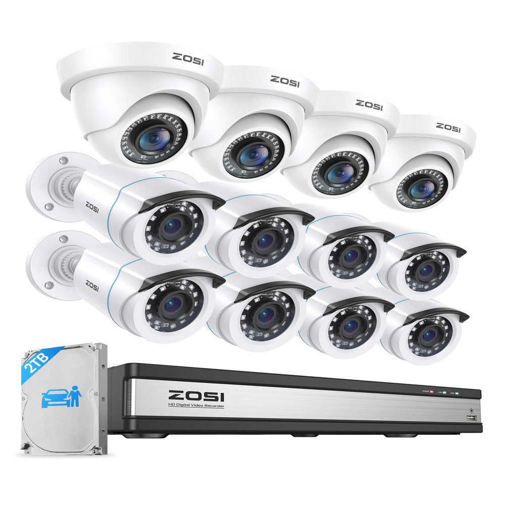 ZOSI 1080p 16 Channel Security Camera System Outdoor with AI Human Vehicle Detect, 12 x 2MP Weatherproof Surveillance CCTV Bullet Dome Camera, H.265+ DVR, 2TB HDD, 80ft Night Vision, 90 View Angle