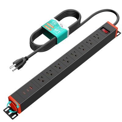 QBA 8 Outlet Heavy Duty Power Strip with USB Ports, Rack Mount Surge Protector with 360 Rotating Brackets, USB C PD 20W, Wall Mount Power Strip for Home Office Garage Workshop