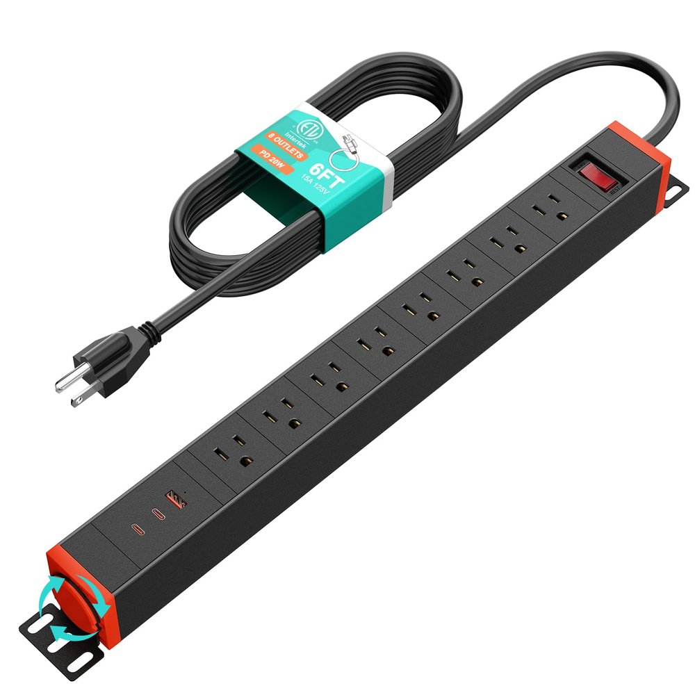 QBA 8 Outlet Heavy Duty Power Strip with USB Ports, Rack Mount Surge Protector with 360 Rotating Brackets, USB C PD 20W, Wall Mount Power Strip for Home Office Garage Workshop