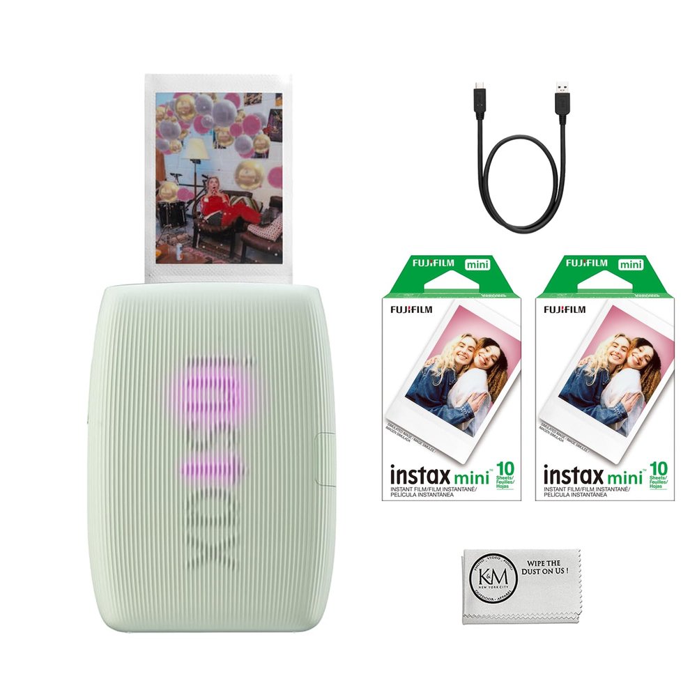 Fujifilm INSTAX Mini Link 3 Smartphone Printer | Sage Green Bundled INSTAX Mini Instant Film | 20 Exposures + Microfiber Cleaning Cloth (3 Items)