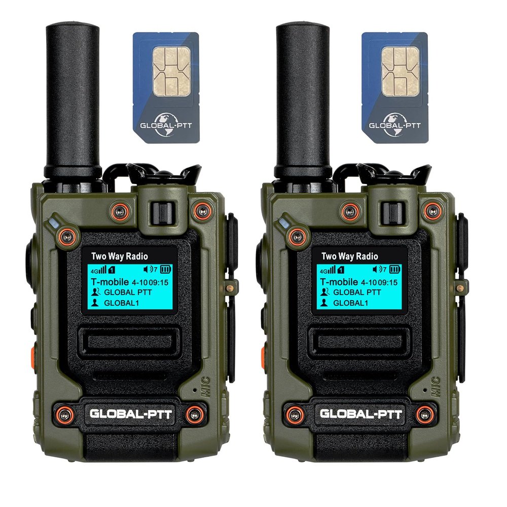 Pack of 2 Global Walkie Talkie with Sim Cards - One Button Instant Group Communication Over The Nationwide Cellular Network - Two Way Unlimted Range PoC Radios with Flashlight (Camouflage)