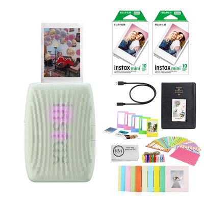 Fujifilm INSTAX Mini Link 3 Smartphone Printer | Sage Green Bundled with INSTAX Mini Instant Film | 20 Exposures + Instax Mini Album, Borders, Stickers & Clips + Microfiber Cleaning Cloth (4 Items)
