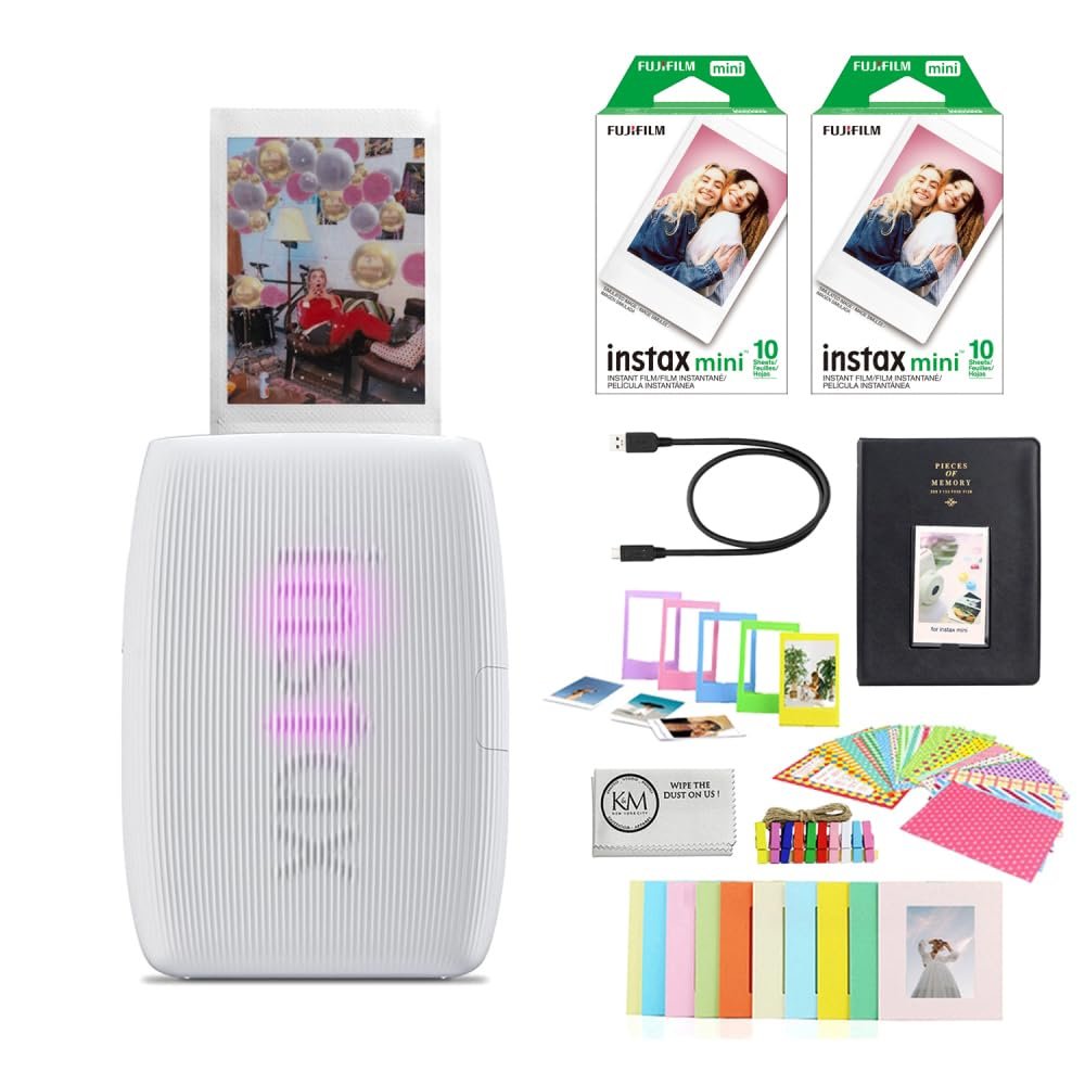 Fujifilm INSTAX Mini Link 3 Smartphone Printer | Clay White Bundled with INSTAX Mini Instant Film | 20 Exposures + Instax Mini Album, Borders, Stickers & Clips + Microfiber Cleaning Cloth (4 Items)