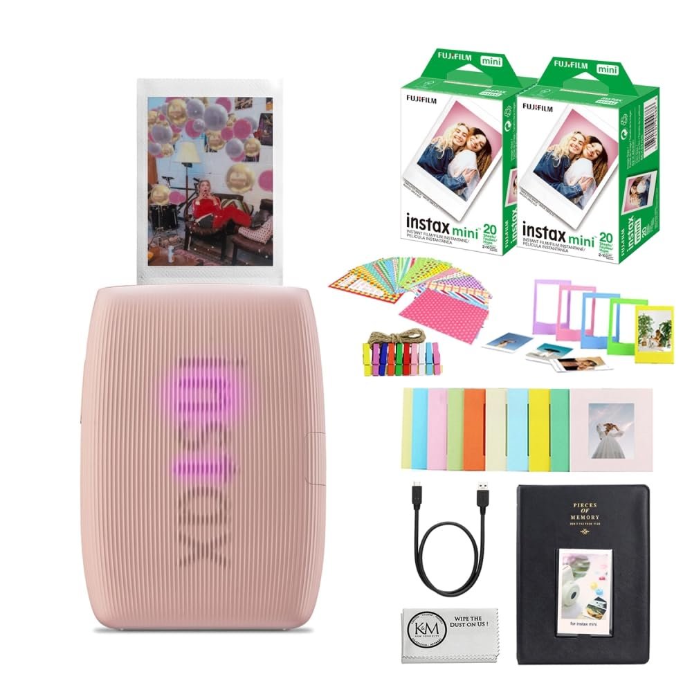 FUJIFILM INSTAX Mini Link 3 Smartphone Printer | Rose Pink Bundled with INSTAX Mini Instant Film | 40 Exposures + Instax Mini Album, Borders, Stickers & Clips + Microfiber Cleaning Cloth (5 Items)