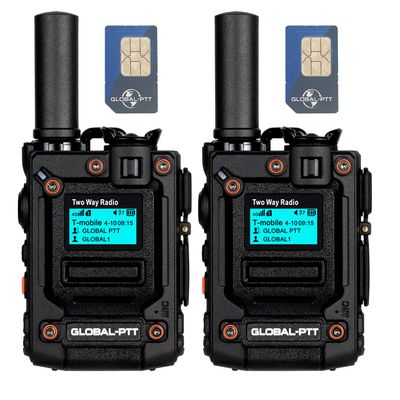 Pack of 2 Global Walkie Talkie with Sim Cards - One Button Instant Group Communication Over The Nationwide Cellular Network - Two Way Unlimted Range PoC Radios with Flashlight (Black)