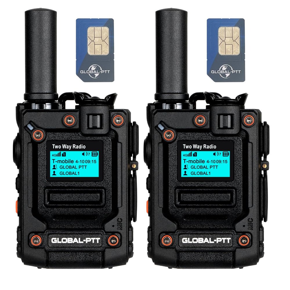 Pack of 2 Global Walkie Talkie with Sim Cards - One Button Instant Group Communication Over The Nationwide Cellular Network - Two Way Unlimted Range PoC Radios with Flashlight (Black)