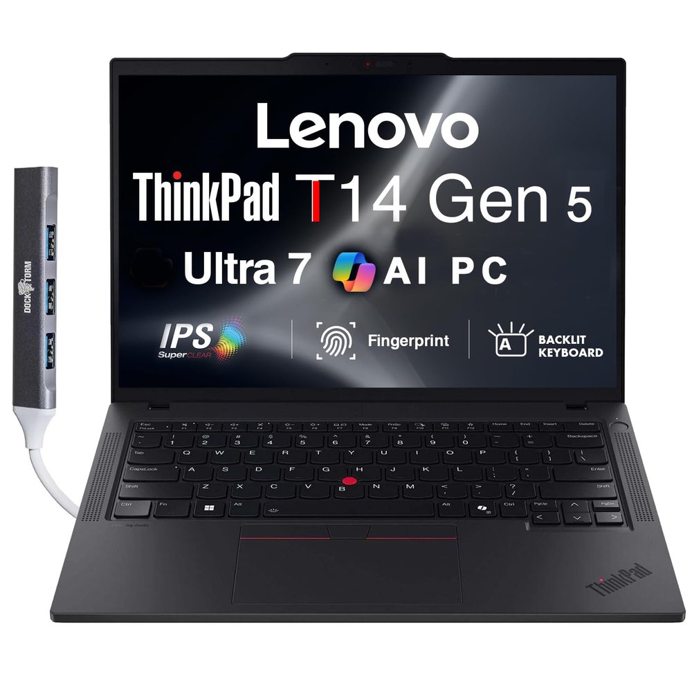 Lenovo ThinkPad T14 Gen 5 AI Powered Business Laptop 14.0" IPS FHD+ Display (Intel Core Ultra 7 155U(>i7-13700H), 16GB DDR5, 2TB SSD, Copilot, Backlit KB, FP, Win 11 Pro) w/DKZ USB Port Expander