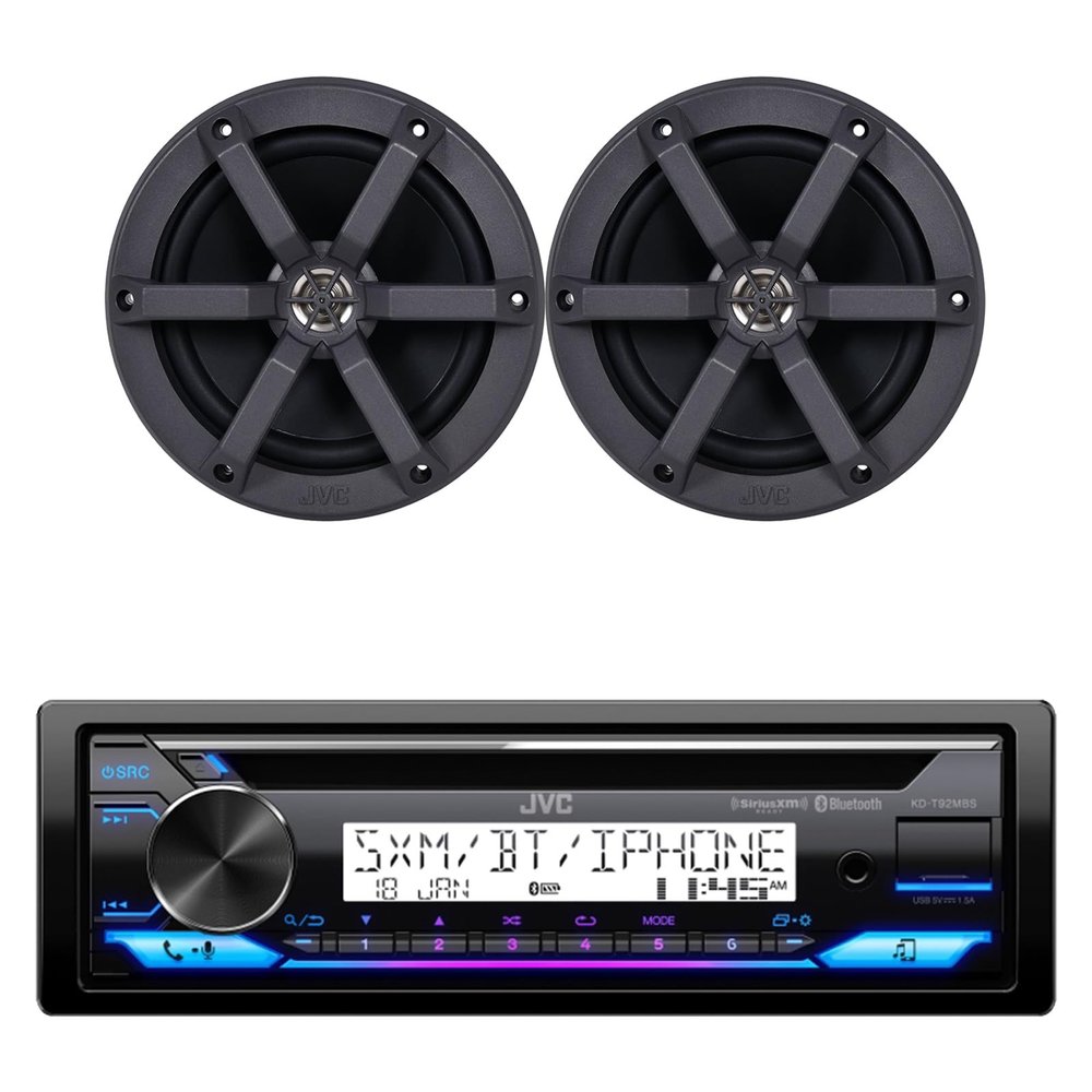 JVC KD-T92MBS Single DIN Marine Motorsports USB Bluetooth AM/FM Stereo CD Player Receiver with 2X CS-MS620 6.5" 100 Watt Max Power 2-Way Boat Audio Speakers