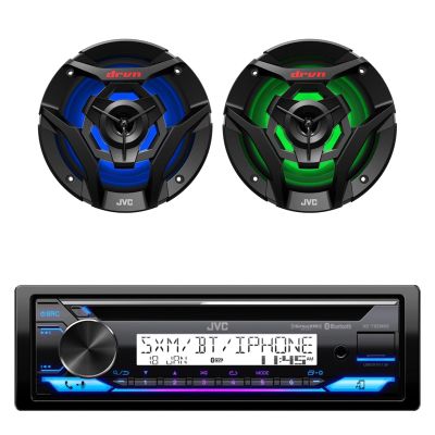 JVC KD-T92MBS Single DIN Marine Motorsports USB Bluetooth AM/FM Stereo CD Player Receiver with 2X CS-DR620MBL 6.5" 260 Watt Peak Power 2-Way Multicolor LED Boat Audio Speakers (Black)