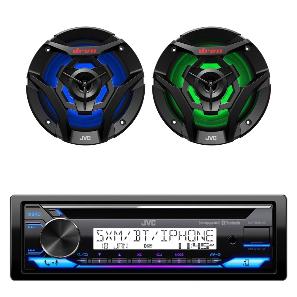 JVC KD-T92MBS Single DIN Marine Motorsports USB Bluetooth AM/FM Stereo CD Player Receiver with 2X CS-DR620MBL 6.5" 260 Watt Peak Power 2-Way Multicolor LED Boat Audio Speakers (Black)