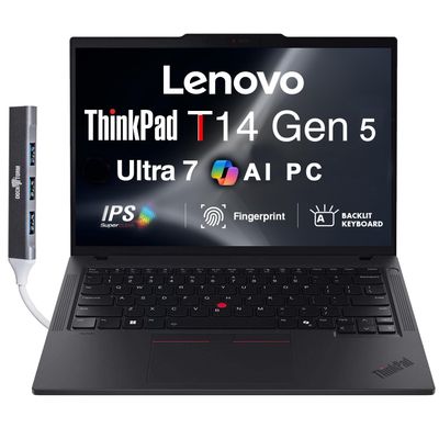 Lenovo ThinkPad T14 Gen 5 AI Powered Business Laptop 14.0" IPS FHD+ Display (Intel Core Ultra 7 155U(>i7-13700H), 32GB DDR5, 512GB SSD, Copilot, Backlit KB, FP, Win 11 Pro) w/DKZ USB Port Expander