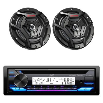 JVC KD-T92MBS Single DIN Marine Motorsports USB Bluetooth AM/FM Stereo CD Player Receiver with 2X 6.5 150 Watt Peak Power 2-Way Waterproof Boat Audio Speakers (Black)