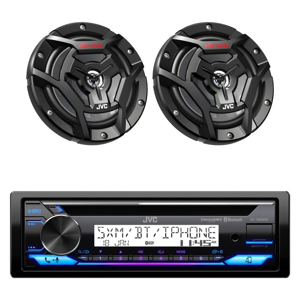 JVC KD-T92MBS Single DIN Marine Motorsports USB Bluetooth AM/FM Stereo CD Player Receiver with 2X 6.5 150 Watt Peak Power 2-Way Waterproof Boat Audio Speakers (Black)