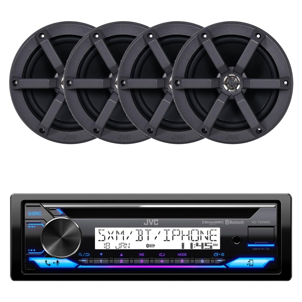 JVC KD-T92MBS Single DIN Marine Motorsports USB Bluetooth AM/FM Stereo CD Player Receiver with 4X CS-MS620 6.5" 100 Watt Max Power 2-Way Boat Audio Speakers