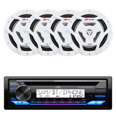 JVC KD-T92MBS Single DIN Marine Motorsports USB Bluetooth AM/FM Stereo CD Player Receiver with 4X 6.5 150 Watt Peak Power 2-Way Waterproof Boat Audio Speakers (White)