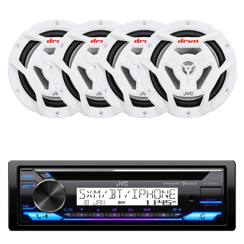 JVC KD-T92MBS Single DIN Marine Motorsports USB Bluetooth AM/FM Stereo CD Player Receiver with 4X 6.5 150 Watt Peak Power 2-Way Waterproof Boat Audio Speakers (White)