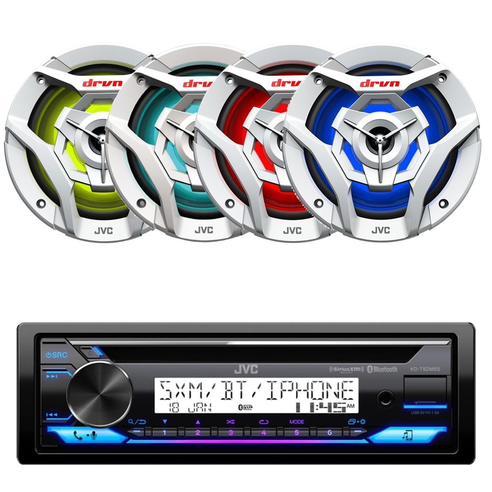 JVC KD-T92MBS Single DIN Marine Motorsports USB Bluetooth AM/FM Stereo CD Player Receiver with 4X CS-DR621MWL 6.5" 260 Watt Peak Power 2-Way Multicolor LED Boat Audio Speakers (White)