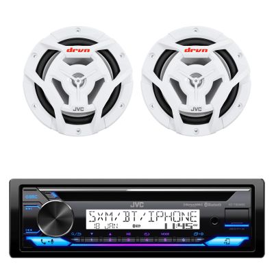 JVC KD-T92MBS Single DIN Marine Motorsports USB Bluetooth AM/FM Stereo CD Player Receiver with 2X 6.5 150 Watt Peak Power 2-Way Waterproof Boat Audio Speakers (White)